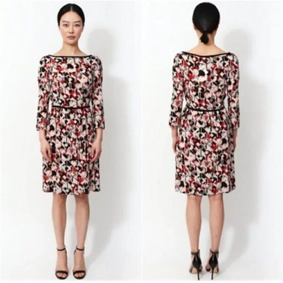 PRADA Geometric Print Silk Dress Boat Neck Cinched Waist 3/4 Sleeve IT 36 US 0/2 - Picture 1 of 15
